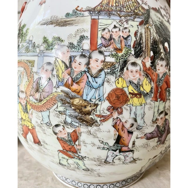 Antique Republic Period Qianlong Nian Zhi-Style 100 Boys Porcelain Deer Handle Vases- Set of 2 For Sale - Image 13 of 18