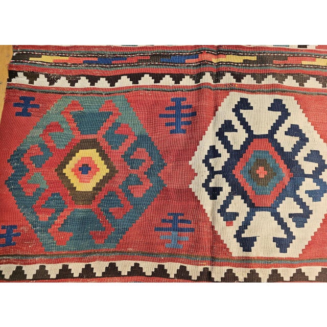 French Country 19th Century Caucasian Kazak Kilim, Geometric Pattern, Wool Flatweave, Blue & Green, 7' X 12' For Sale - Image 3 of 18