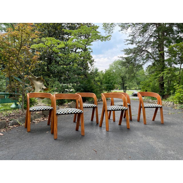 Mid-Century Modern 1970s Rattan Dining Chairs by Axel Enthoven With Mackenzie Childs Fabric - Set of 6 For Sale - Image 3 of 12