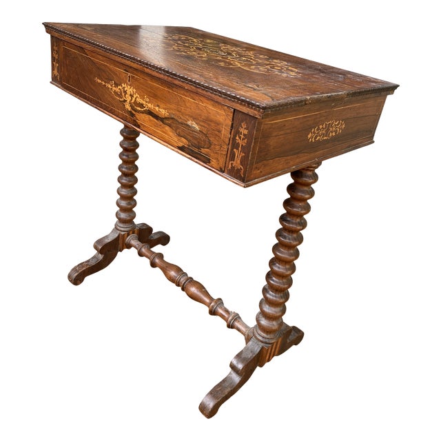 Antique Wood Inlay Spindle Leg Side Table For Sale