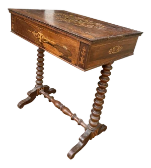Antique Wood Inlay Spindle Leg Side Table