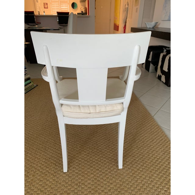 Klismos style white chair with custom made off white silk very comfortable seat cushion with hidden zipper that’s in...
