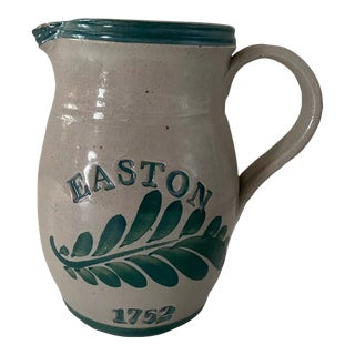 Vintage Handmade Signed Easton 1752 Green Leaf Green Trim Clay Pitcher For Sale