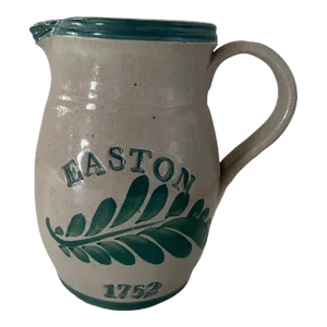 Vintage Handmade Signed Easton 1752 Green Leaf Green Trim Clay Pitcher