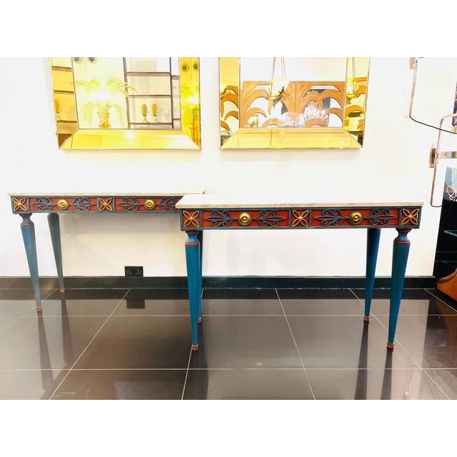 Italian Painted Wrought Iron Console Tables with Marble Tops, 1900s, Set of 2 For Sale - Image 10 of 12