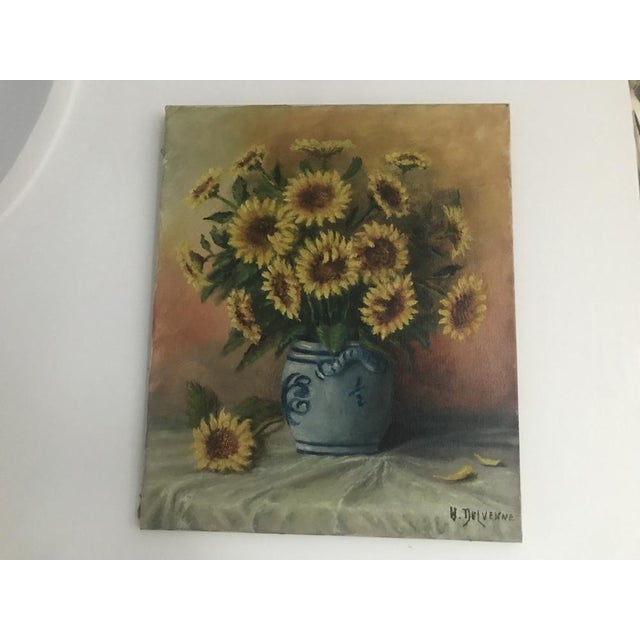 Sunflowers in a Ceramic Vase, Oil Painting on Canvas For Sale - Image 9 of 17