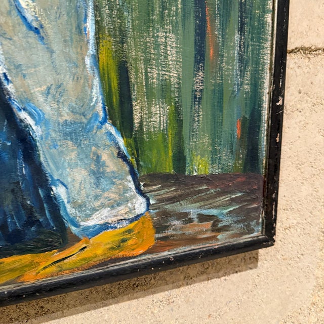 Blue 1970s Latin American Art Flower Vendor Oil on Wood For Sale - Image 8 of 12