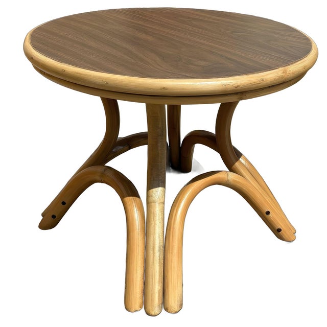 1950s Restored Round Rattan Coffee Table W/ Arched Base For Sale - Image 4 of 5