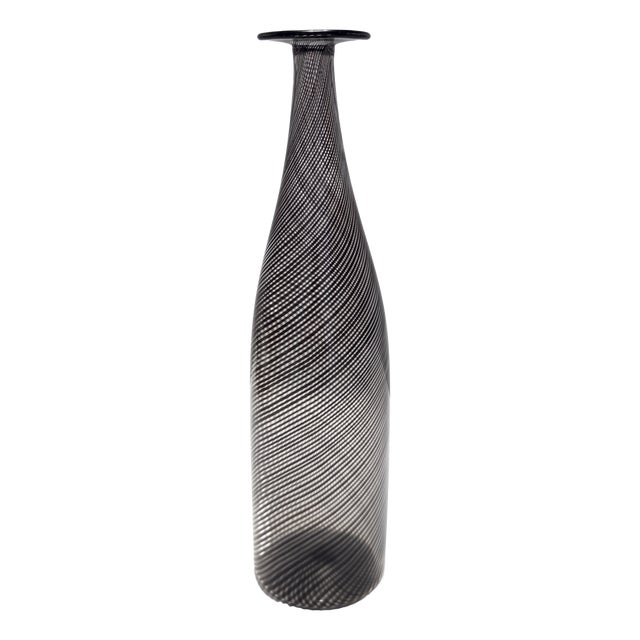 Black Murano Glass Mezza Filigrana Bottle Vase attributed to Dino Martens for Aureliano Toso, 1950s For Sale