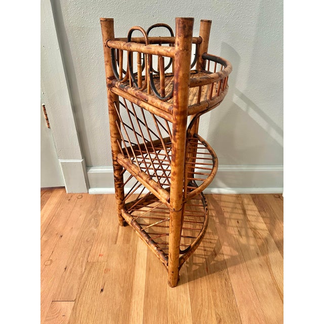 Chinoiserie Vintage Scorched or Tortoise Bamboo Chinoiserie 3 Tier Corner Shelf For Sale - Image 3 of 8