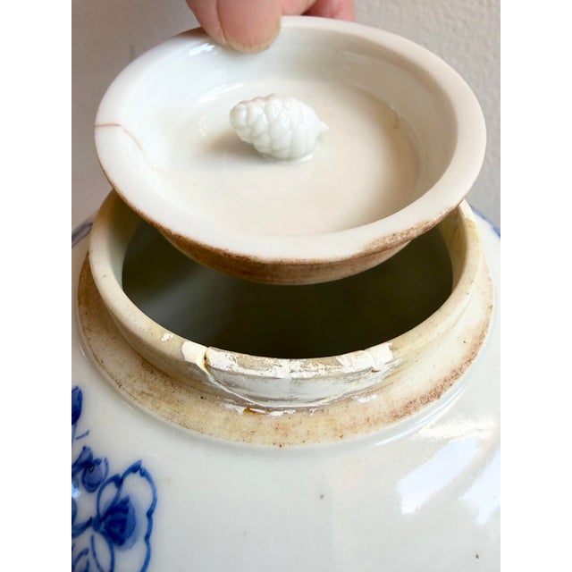 Vintage Chinese Floral Blue & White Qing Ginger Jar Pair With Lotus Petal Border For Sale - Image 10 of 12