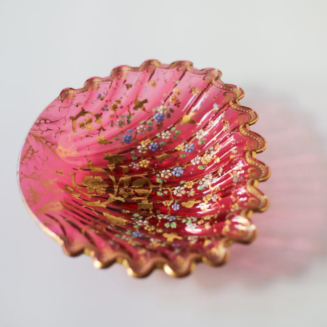Late 19th Century Moser Cranberry Glass Shell Dish With Enamel & Gilt For Sale - Image 12 of 18