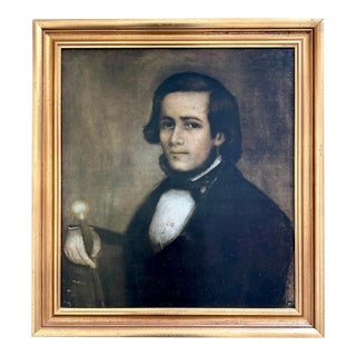 Gilt Framed Folk Art Portrait Print of a 19th Century Man / Gentleman in a Black Suit and Tie With a Cane For Sale