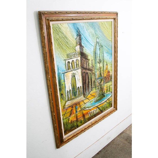 Van Hoople Rectangular textured painting of a large building and courtyard. Well executed abstract piece. Signed within...
