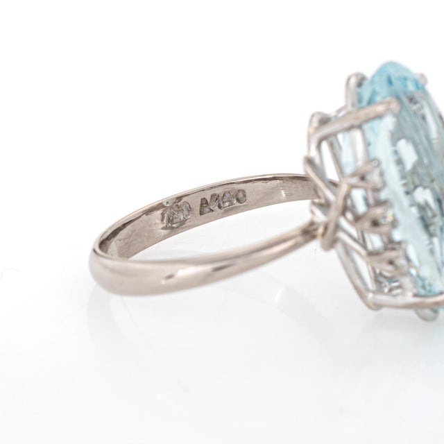 Metal 5.91ct Elongated Aquamarine Ring Vintage 18k White Gold Sz 5.75 Fine Jewelry For Sale - Image 7 of 7