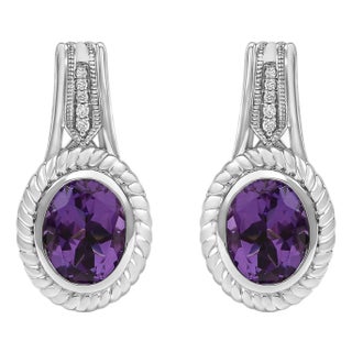 Sterling Silver Oval Purple Amethyst and Diamond Accent Rope Design Drop Earrings For Sale