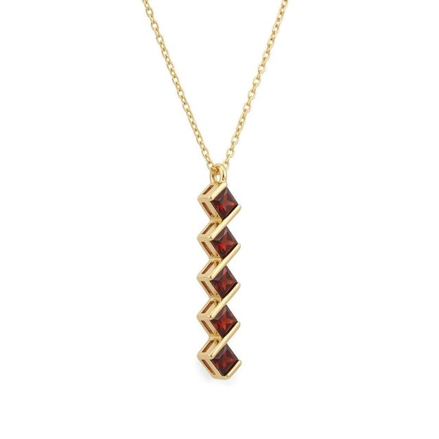 Contemporary Natural Garnet Chevron Pendant Necklace | Geometric Red Gemstone Bar, | January Birthstone Necklace For Sale - Image 3 of 3