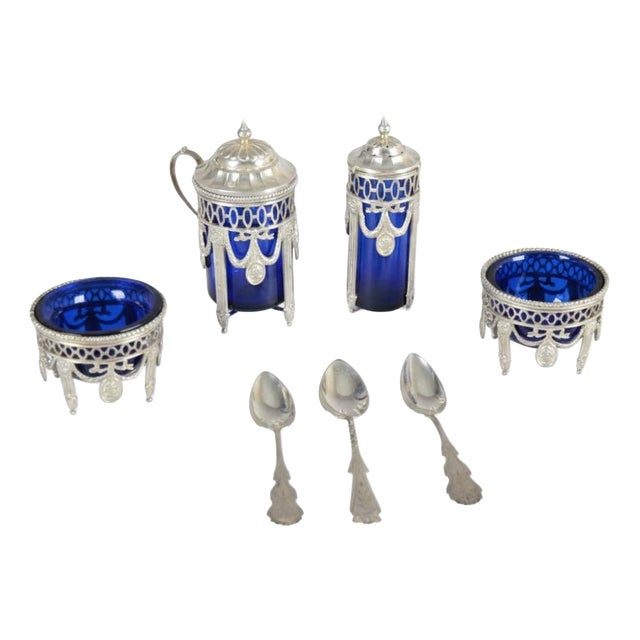 Antique Louis XVI Style Silver and Cobalt Blue Glass Condiment and Cruet Set with Spoons, 1990s, Set of 7 For Sale