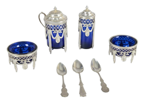 Antique Louis XVI Style Silver and Cobalt Blue Glass Condiment and Cruet Set with Spoons, 1990s, Set of 7