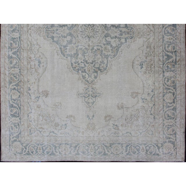 Medallion Distressed Oushak Turkey in Cream, Blue Tones, Brown and Teal Blue For Sale - Image 11 of 15