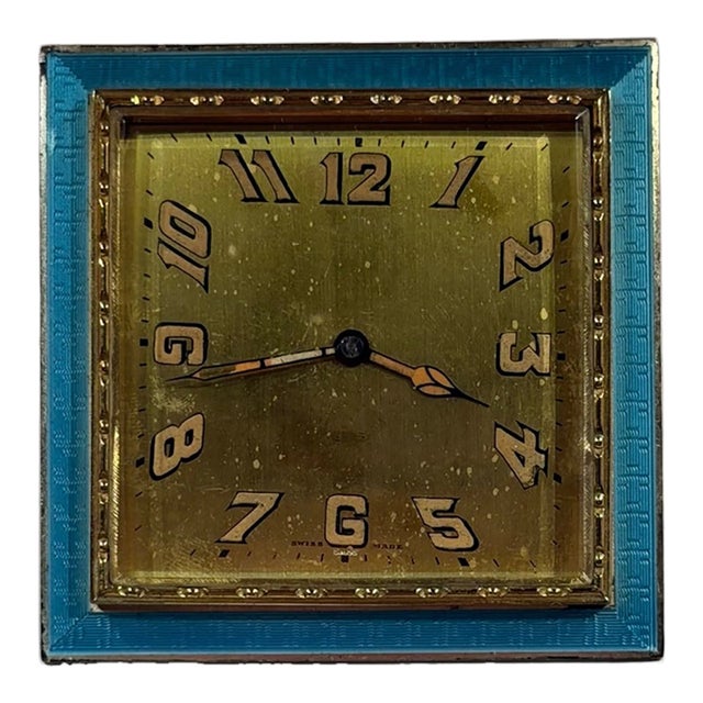 Antique Swiss Art Deco Travel/ Desk Clock With Guilloche Enamel For Sale