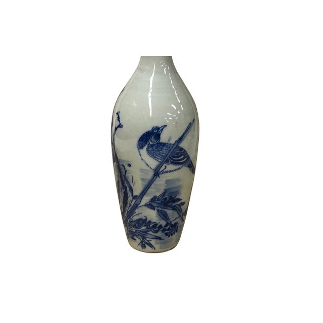 Blue Oriental Small Blue White Flower Bird Graphic Porcelain Art Vase For Sale - Image 8 of 9