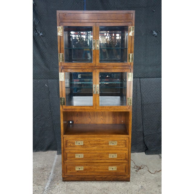 1980s Henredon Scene One Oak Campaign Curio Display Cabinet Library Bookcase 84" For Sale - Image 9 of 15