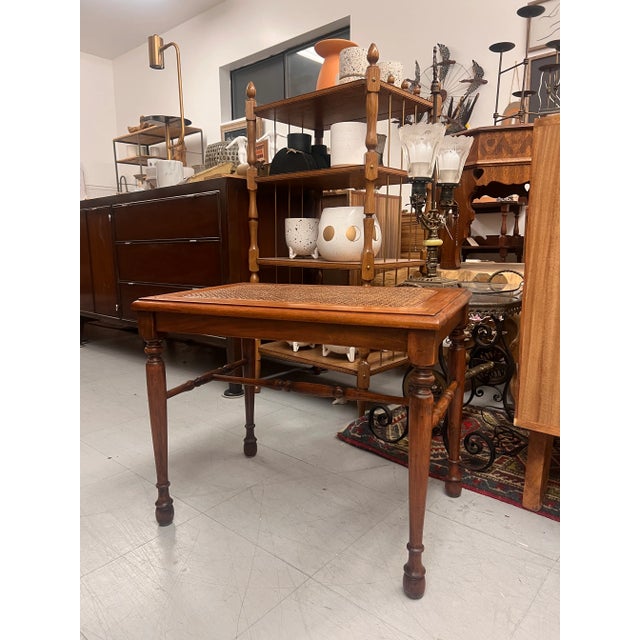 1970s Vintage Traditional Wooden Accent Table or Decorative Bench With Turned Legs and Supports and Caned Top For Sale In Seattle - Image 6 of 7