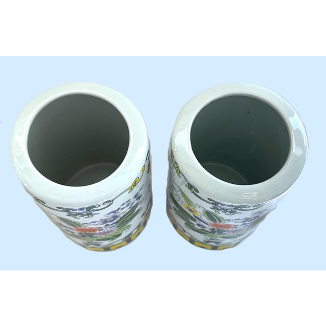 Ceramic Late 20th Century Pair of Hand‑Painted Porcelain Brush Pots – Famille Rose Floral For Sale - Image 7 of 7