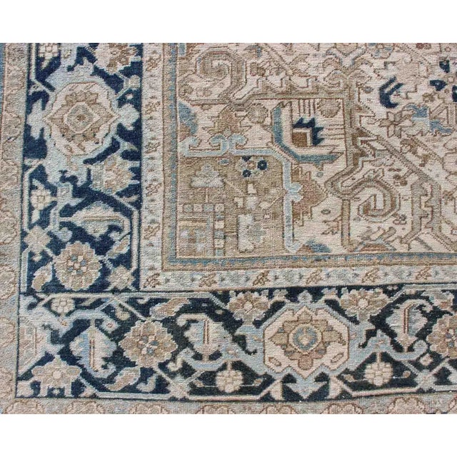 Mid 20th Century Antique Persian Heriz Rug With Geometric Medallion Design in Taupe, Blue-Gray For Sale - Image 5 of 13