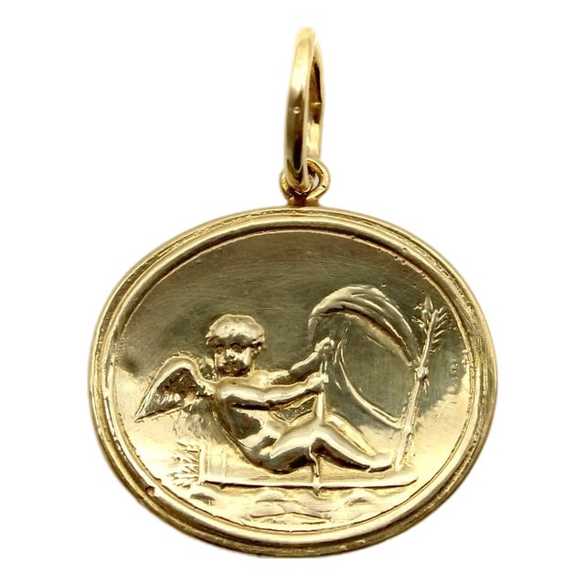 1990s 14k Gold Classical Revival Cupid Medallion For Sale