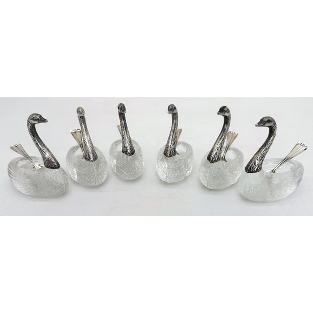 Traditional Six Carved Rock Crystal & Sterling Swan Motif Salts/ Condiments with Spoons For Sale - Image 3 of 12