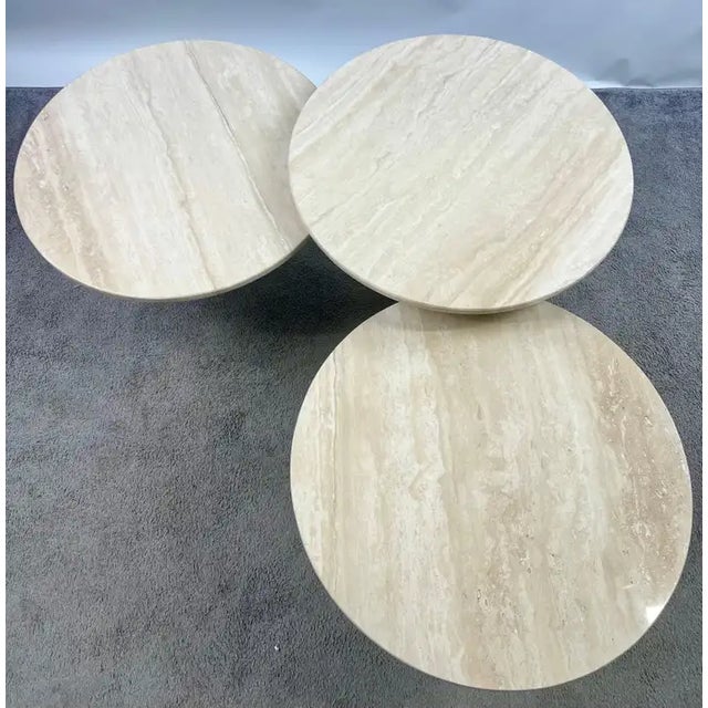 Contemporary 1990s Organic Modern Travertine Three-Tier Circular Coffee Table With Metal Base For Sale - Image 3 of 14