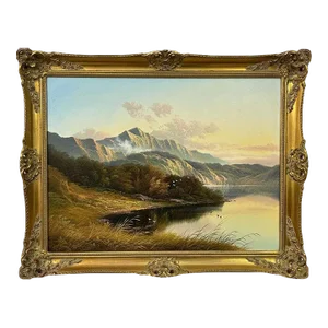 Vintage Mountain Lake Oil Painting of a Loch in the Scottish Highlands With Ornate Frame