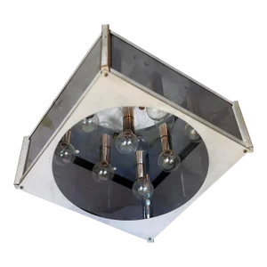 1970s Mid-Century Modern Chrome & Smokey Glass, 9 Light Ceiling Mount Light Fixture