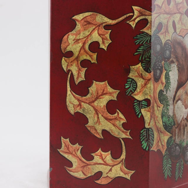 Vintage Colorful Hand-Painted Autumn Squirrel Hexagonal Tea Can Table Lamp For Sale - Image 4 of 11