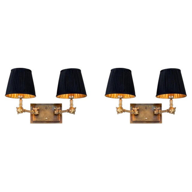 Metal Vintage Brass Metal Double Wall Lamps with Black Fabric Shades, Set of 2 For Sale - Image 7 of 7
