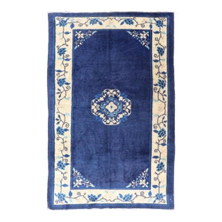 Antique Chinese Peking Carpet in Dark Blue Background 4' X 6'8 For Sale