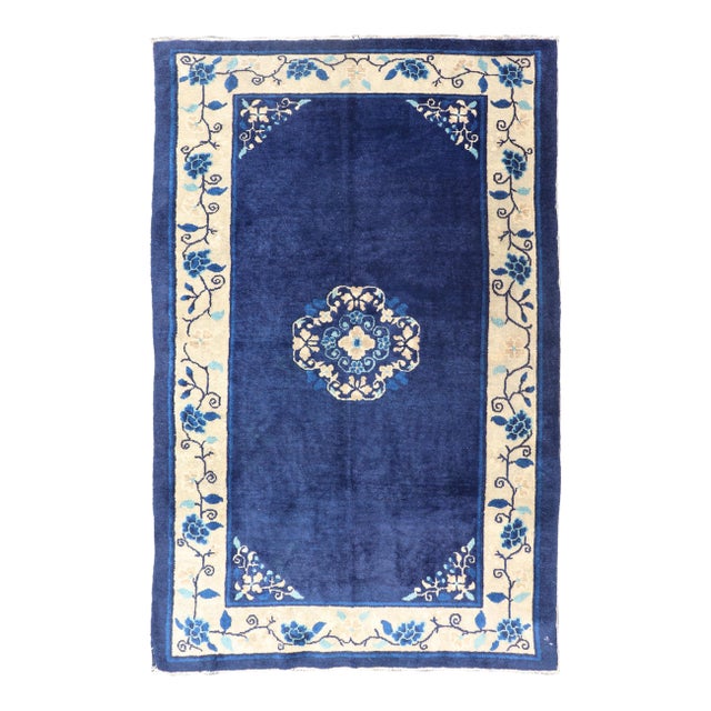 Antique Chinese Peking Carpet in Dark Blue Background 4' X 6'8 For Sale