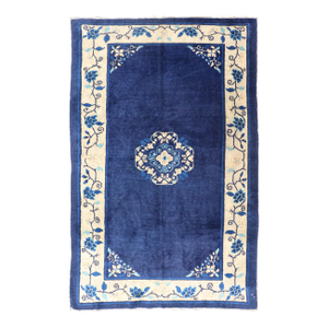 Antique Chinese Peking Carpet in Dark Blue Background 4' X 6'8