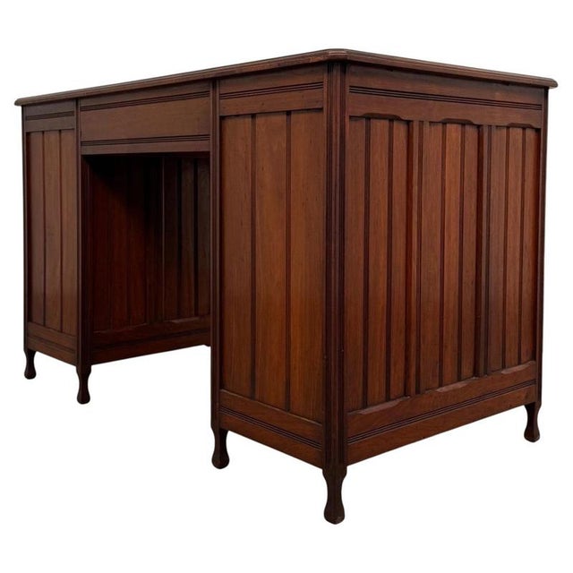 Metal Early 20th Century English Walnut Writing Desk with Red Leather Top For Sale - Image 7 of 12