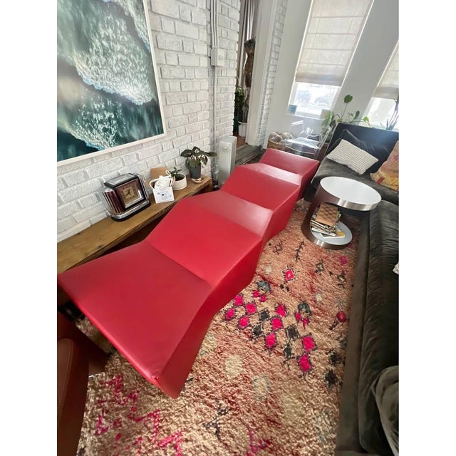 Gorgeous Large Contemporary Brueton Red Leather Bench With Mirror Base For Sale - Image 6 of 6