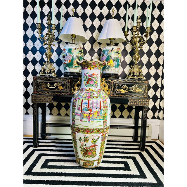 Tall Floor Rose Medallion Porcelain Chinoiserie Vase 36", Scroll Handles For Sale - Image 9 of 11