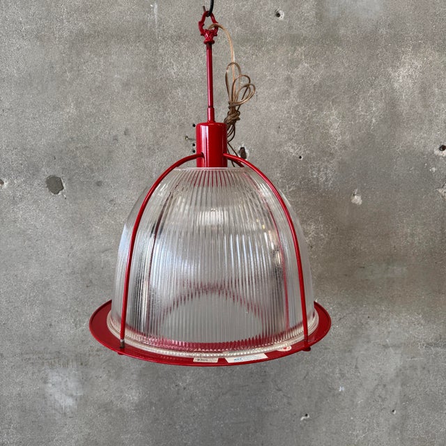 Vintage Ribbed Holophane Pendant Lamp W/ Red Metal Frame #1 - Made in Canada For Sale - Image 10 of 10