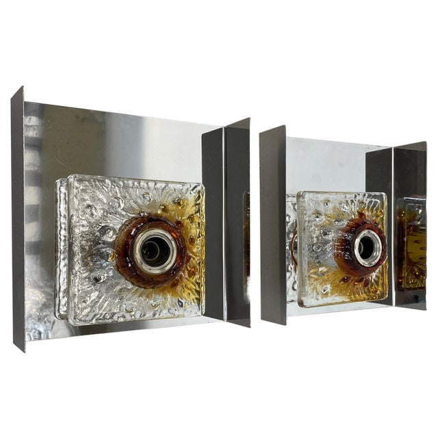 Murano Glass and Chrome Metal Wall Lights from Mazzega, Italy, 1970s, Set of 2 For Sale
