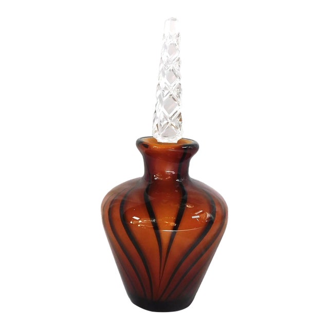 1970s Orange/Amber Perfume Bottle With Black Stripes For Sale