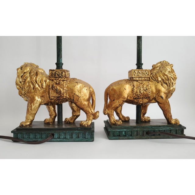 Lamps Gold Leaf Lions & Shades Pair For Sale - Image 10 of 12