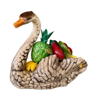 Vintage Monumental Sculptural Regency Italian Style Glazed Ceramic Swan Centerpiece For Sale