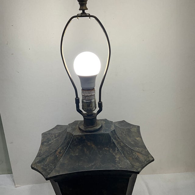 1940s Pagoda Metal Earthy Color Faux Painted Lamp For Sale - Image 10 of 10