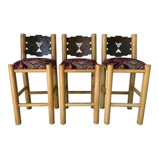 Vintage Rustic Southwestern Log Bar Stools With Metal Eagle Backrests – Set of 3 For Sale